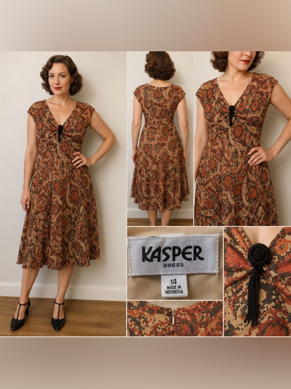 Kasper Size 14 Mosaic Floral Midi Dress — Rosette Brooch, Lined